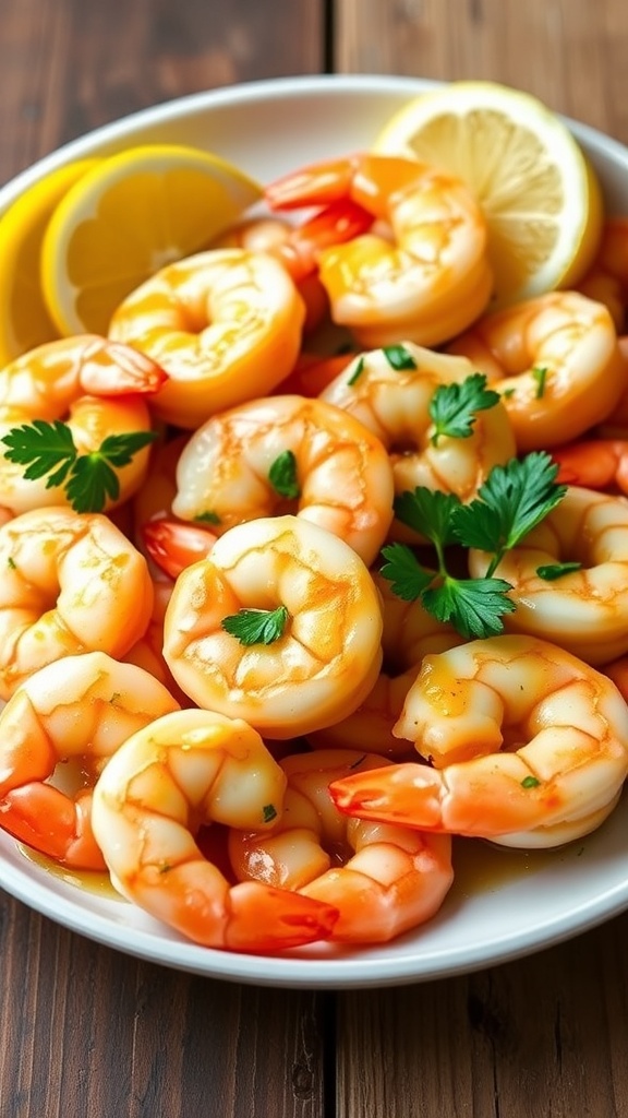 A delicious plate of garlic butter shrimp garnished with parsley and lemon wedges.